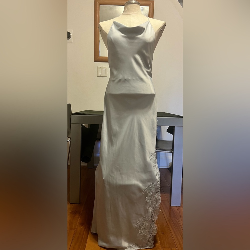 Elegant Light Blue Satin Cowl Necked Slip Dress /Gown with Lace appliqué Detail